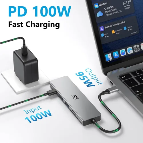 Vista 5 de Adaptador multipuerto USB C Hub 6 en 1 con HDMI 4K@60Hz, 100W PD, 2 puertos de datos USB A y lector de tarjetas SD/TF, Hub de aluminio tipo C