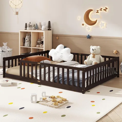 Vista 14 de Twin Size Floor Bed with Slats and Guardrails, Wood Floor Bed, Espresso