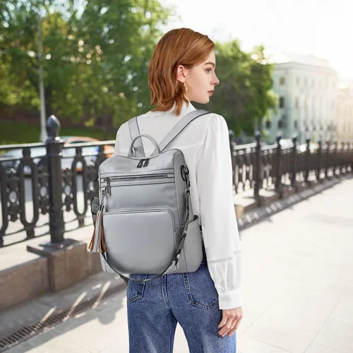 Vista 26 de OPAGE - Mochila de cuero para mujer, con borla de moda, bolso de hombro, mochila grande, bolsa de viaje, gris, L