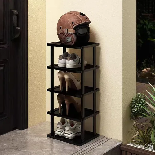 Vista 7 de Zapatero vertical – Organizador de zapatos alto y estrecho para espacios pequeños, estante de bambú de 5 niveles para entrada, armario, esquina