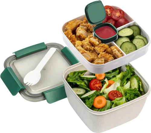 Vista 10 de Freshmage Recipiente para Ensalada para Llevar, Cuencos de Ensalada de 52 oz con 3 Compartimentos, Recipiente de Aderezos de Ensalada