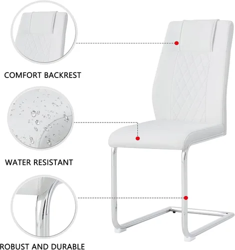 Vista 3 de Juego de mesa de comedor de mármol para mesa rectangular blanca de 6.63 pulgadas con marco de metal plateado en forma de X y 6 sillas de comedor