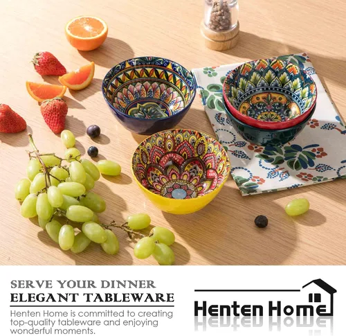 Vista 6 de Henten Home Juego de 6 cuencos pequeños para postre, juego de cuencos de arroz de cerámica de 12 onzas, cuencos coloridos de porcelana para Bohemio