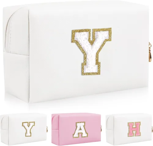 Vista 35 de Bolsa de maquillaje con parche de letra inicial personalizada, bolsa de cosméticos de chenilla preppy con letra de chenilla con cremallera, Y