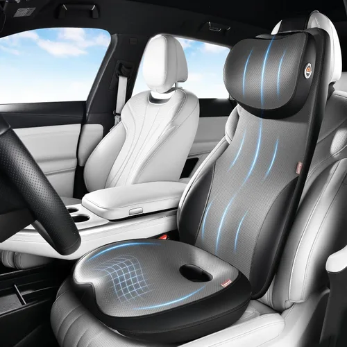 Vista 18 de Coverado Cojín para asiento de automóvil y almohada de apoyo lumbar, almohada ergonómica integrada de espuma viscoelástica para el cuello, cojín