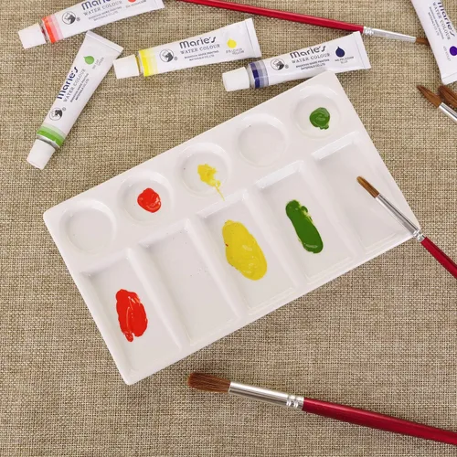 Vista 7 de VanEnjoy 10 Wells - Paleta de pintura rectangular blanca para artista, paleta de acuarela de porcelana, bandeja de mezcla de cerámica para pintura