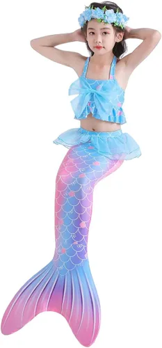 Vista 4 de Cola de sirena para niños, traje de baño para natación, novedad con lazo grande, sirenas, cosplay, traje de baño para niñas