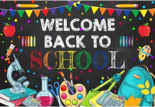 Vista 6 de Telón de fondo colorido de bienvenida de vuelta a la escuela, pizarra para el aula, pizarra, telón de fondo de escritura con tiza, lápiz, bolsa