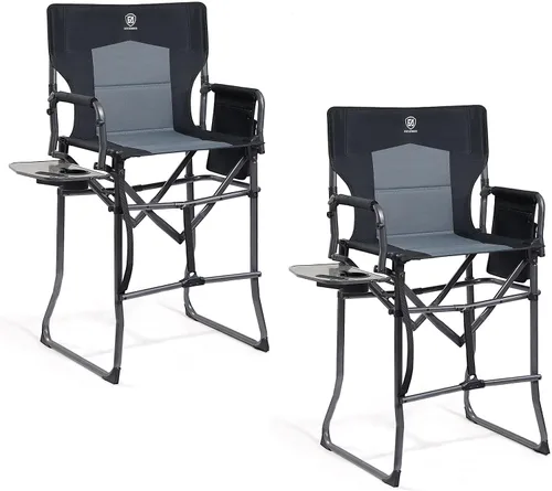 Vista 19 de EVER ADVANCED Silla alta de textileno para campamento, silla de directores de malla, taburete de bar plegable alto con mesa auxiliar