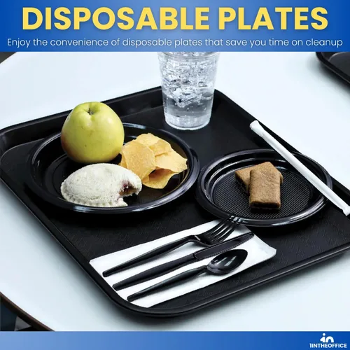 Vista 6 de Platos redondos de postre de plástico negro de 6 pulgadas, desechables, paquete de 125