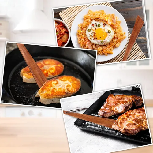Vista 3 de Yinkin 2 espátulas de madera para cocinar de 9.8 pulgadas, espátula plana de madera de teca, espátula de madera, raspador de huevos, sartén