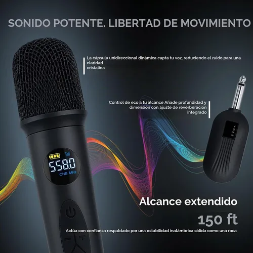 Vista 2 de Sistema de Micrófono Inalámbrico Bowens – Micrófono Inalámbrico para Karaoke con Receptor, Control de Eco, Pantalla LCD, Carga USB-C, Adaptador