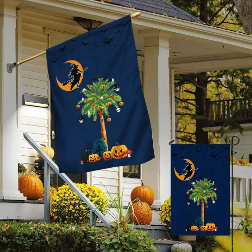 Vista 3 de Bandera de brujería de Halloween de Carolina del Sur, calabazas, palmeras, Carolina del Sur, bandera de jardín de Halloween