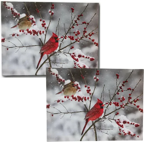 Vista 6 de BANBERRY DESIGNS Impresión en lienzo de cardenales iluminados en la nieve, imagen LED con pareja cardenal y bayas navideñas, mide 11.75 x 15.75