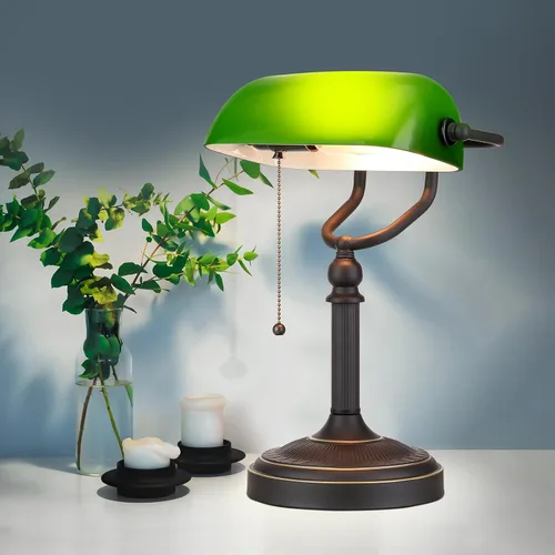 Vista 7 de Lámpara de escritorio de banqueros de vidrio verde antiguo con interruptor de cadena de tracción Enchufe en accesorio Interruptor de cadena