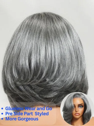 Vista 9 de Nadula - Peluca corta de 20 cm con cabello humano gris sal y pimienta, sin pegamento, con separación lateral, capas enmarcadas para el rostro