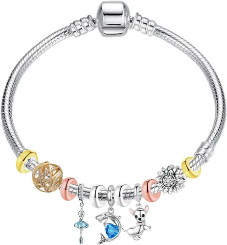 Vista 7 de Abalorio de plata de ley con clip de tope para pulseras, cuenta espaciadora redonda (plata)