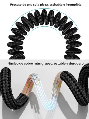 Vista 6 de Quickeep Cable Carplay para automóvil de 3 pies en espiral USB A a USB C, cable de carga rápida para iPhone 16/15/Plus/Pro Max/MacBook Pro, cable