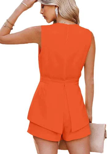 Vista 2 de LYANER Overol corto sexy con cuello en V profundo sin mangas y espalda descubierta para mujer