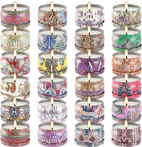 Vista 8 de Set de regalos de velas perfumadas de 24 piezas, velas de Adviento de cera de soja en lata de viaje para el hogar, velas en frasco de 2.5 oz