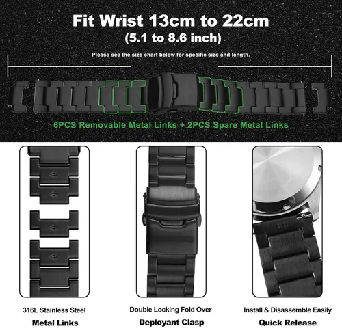 Vista 4 de WOCCI Correa de reloj de metal resistente, correa de reemplazo de acero inoxidable 316L, cierre desplegable, compatible con ancho de lug de reloj