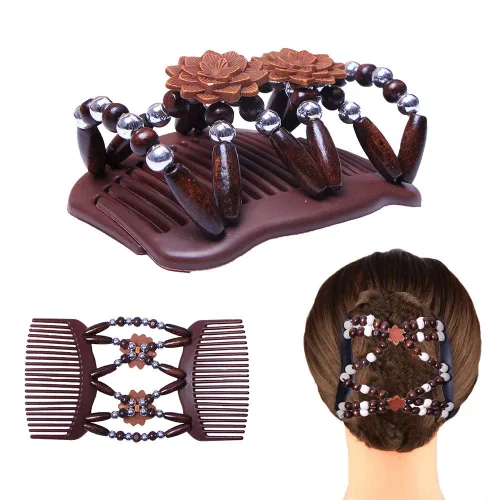 Vista 8 de LOVEF Peine de madera profesional para mujer, cuentas mágicas elásticas, clip de cuerda de cuerda de doble elástico, accesorios para peines-6 piezas