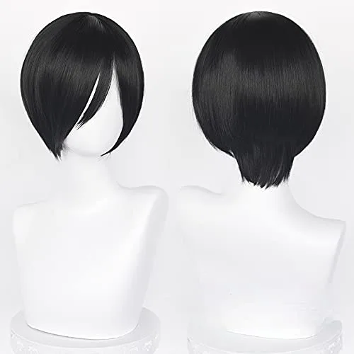 Vista 4 de PWEINCY Peluca de cabello corto y recto negro para mujeres y hombres, para cosplay de Mikasa Ada Wong, para fiesta de anime, disfraz de Halloween