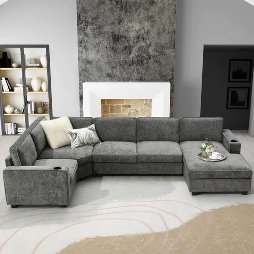 Vista 87 de Moderno sofá modular en forma de U con almohadas para la cintura, sofá cama con diván, sofá tapizado simétrico de felpilla de 6 asientos para sala