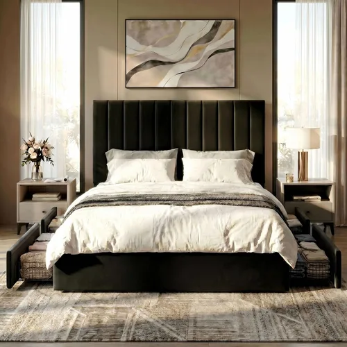 Vista 3 de SHA CERLIN Base de cama de plataforma tamaño matrimonial con 4 cajones de almacenamiento, cabecera acolchada vertical con diseño acanalado