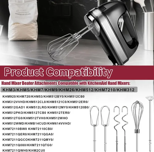 Vista 4 de Accesorios de batidor para batidora de mano para Kitchenaid, batidor, ganchos para amasar y varilla para mezclar líquidos, accesorios de acero