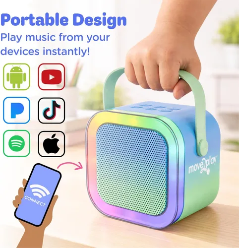 Vista 4 de Move2Play, Mini máquina de karaoke para niños Más de 20 canciones integradas Altavoz Bluetooth con micrófonos Efectos de voz Juguete musical