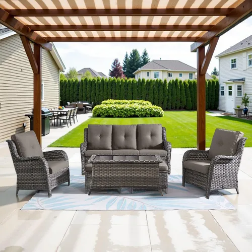 Vista 25 de Belord Mesa auxiliar pequeña para exteriores, mesa de mimbre de vidrio templado, mesa de centro impermeable para patio, mesa auxiliar de ratán