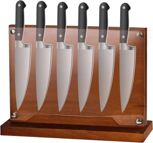 Vista 8 de Bloque magnético para cuchillos con escudo acrílico, soporte para cuchillos de cocina de doble cara sin cuchillo, soportes de madera para cuchillos