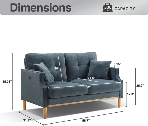 Vista 2 de Altillo Moderno sofá biplaza tapizado con puerto USB, tela impermeable de 2 asientos, sofás pequeños con patas de madera maciza para espacios