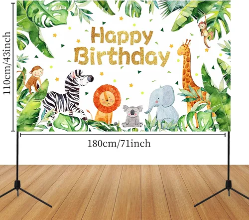 Vista 2 de Suministros para fiesta de cumpleaños de safari con temática de animales de la selva, telón de fondo, zoológico, animales, decoraciones de fiesta