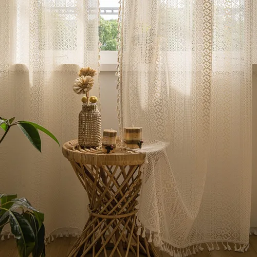 Vista 5 de Sutuo Home 2 paneles de cortinas bohemias de 63 pulgadas de largo para dormitorio, tratamientos de ventana bohemias de encaje de ganchillo Geometría