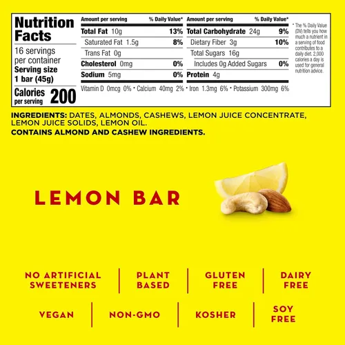 Vista 2 de Larabar Barra de limón, barra vegana de frutas y nueces, sin gluten, barras de 1.6 onzas, 16 unidades 6 ingredientes reales, dátiles, almendras