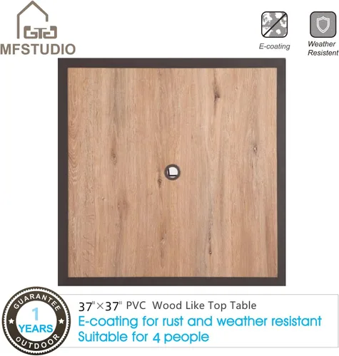 Vista 5 de MFSTUDIO Mesa de bistró cuadrada de 37" para el patio, mesa de comedor, muebles de exterior, mesa de jardín, imitación de superficie de madera