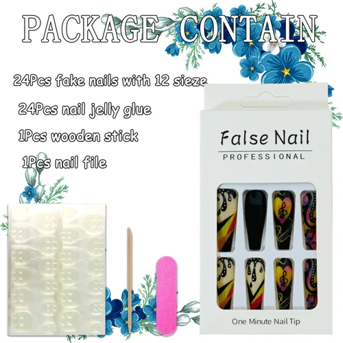 Vista 4 de 24 uñas postizas cuadradas de color negro brillante, de cobertura completa, con diseños de notas musicales, uñas postizas acrílicas con pegamento
