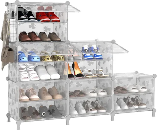 Vista 12 de UNKU Zapatero de 8 niveles, armario de almacenamiento de zapatos de 32 pares de estantes de plástico para zapatos, organizador para armario, Negro