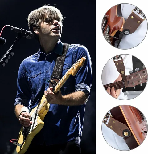 Vista 2 de Nefelibata Correa de guitarra, correas de guitarra de algodón bordado jacquard con extremos de cuero de caballo loco para bajo, eléctrico