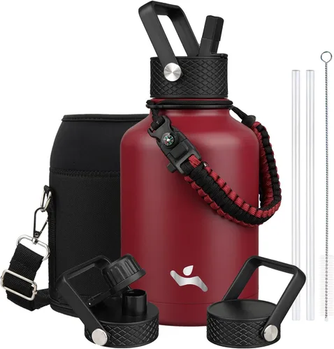 Vista 66 de Konokyo - Botella de agua aislada de 18 onzas, botellas deportivas de acero inoxidable con 3 tapas, verde militar