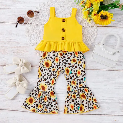 Vista 6 de PATPAT Infant Baby Girl Cami Romper Bodysuit Tops Flared Bell Bottom Pants Leggings 2Pcs Outfits