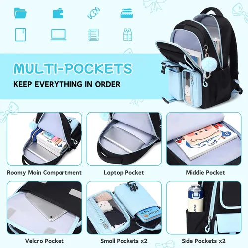 Vista 4 de Mochila para niñas, mochila escolar para niñas, bonita mochila con lazo para niñas, niños y adolescentes, para estudiantes de escuela primaria