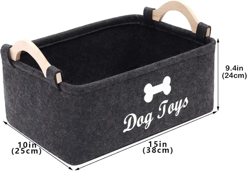 Vista 7 de Geyecete Cesta plegable para juguetes para perros con mango de madera, gran contenedor de almacenamiento de suministros para mascotas gris oscuro