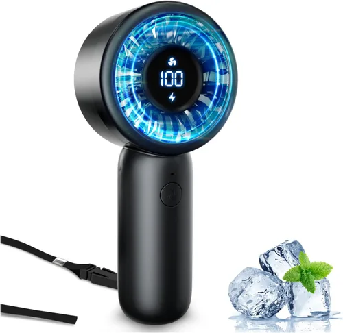 Vista 15 de Ventilador de mano portátil, pequeño ventilador de mano turbo personal, potente, refrescante, cordón, recargable por USB, 5 velocidades, maquillaje