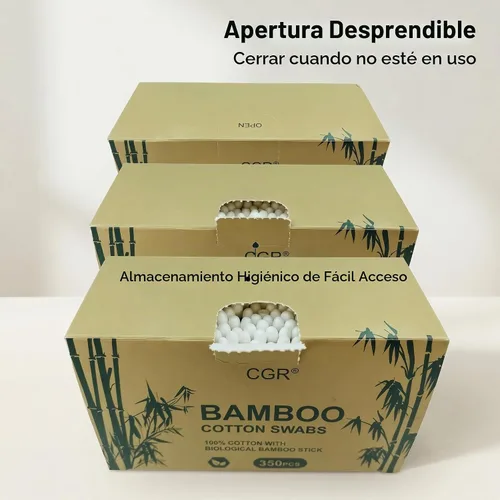 Vista 2 de CGR 1050 hisopos de algodón de bambú, almohadillas de doble punta, caja