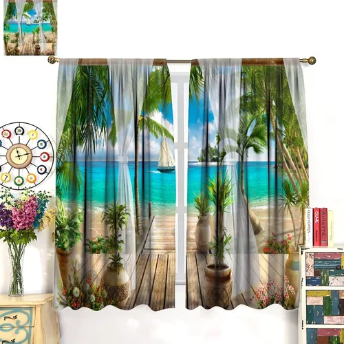 Vista 3 de Cortinas de paisaje, ventana tropical con vista al mar, océano, playa, barco, cortinas con estampado de palmeras para dormitorio, sala de estar, Mar