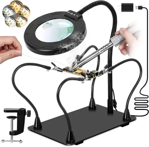 Vista 10 de Lámpara de lupa de 10 aumentos con luz y soporte, 2,200 lúmenes, luz iluminada con atenuación sin escalones en 3 colores, 4 pilares de PCB y lámpara