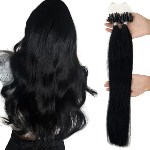 Vista 31 de Extensiones de cabello humano microlink de 16 pulgadas, extensiones de cabello natural suave de microcuentas, color #1 negro azabache, 100% cabello